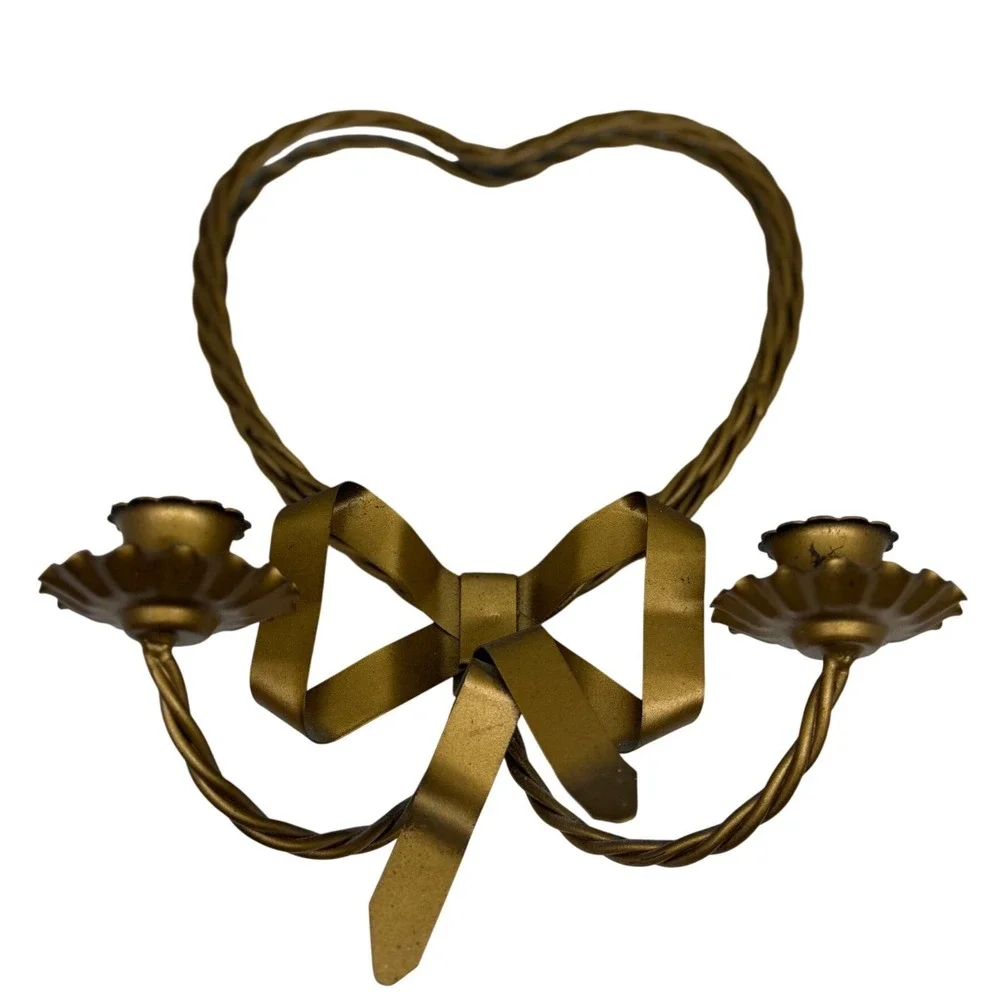 VTG Heart Mirror Candle‎ Sconce Gold Bow Ribbon Twisted Metal Hollywood Regency